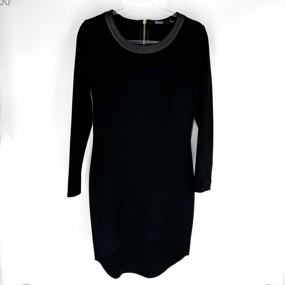 Badgley Mischka Long Sleeve Hi Lo Cocktail Dresss with Leather Trim Black 10 NWT